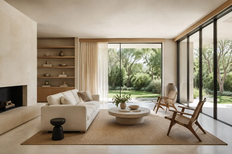 A contemporary interior combining natural stone, warm wood, lounge seating, and garden-facing glazing