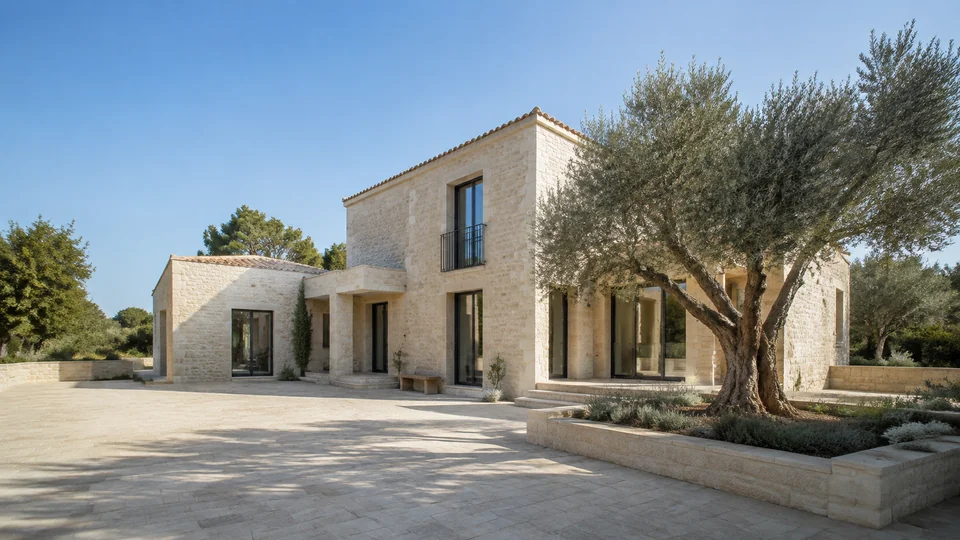 A contemporary limestone courtyard residence with an olive tree and layered architectural volumes