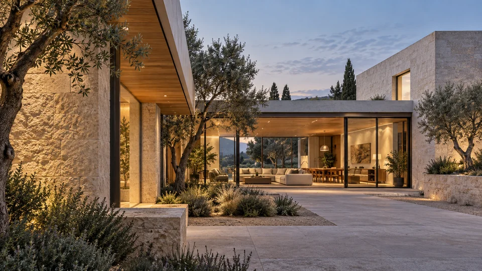 An architectural visualization of a contemporary stone and timber courtyard residence with olive planting and warmly lit interiors at dusk