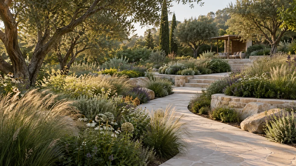 A designed garden with layered planting, sculptural trees, and a winding pale stone path in warm afternoon light