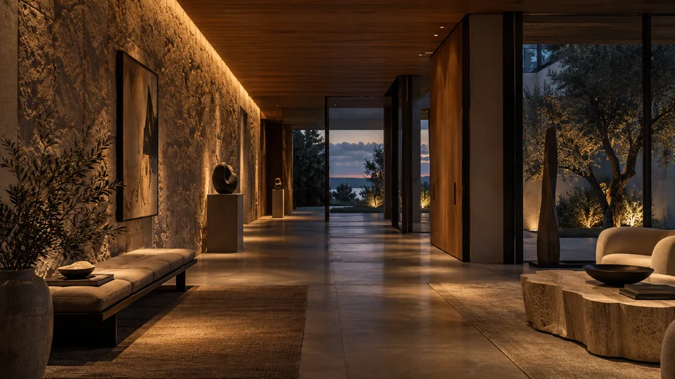 A contemporary interior with warm wall grazing, concealed architectural lighting, and carefully layered pools of light