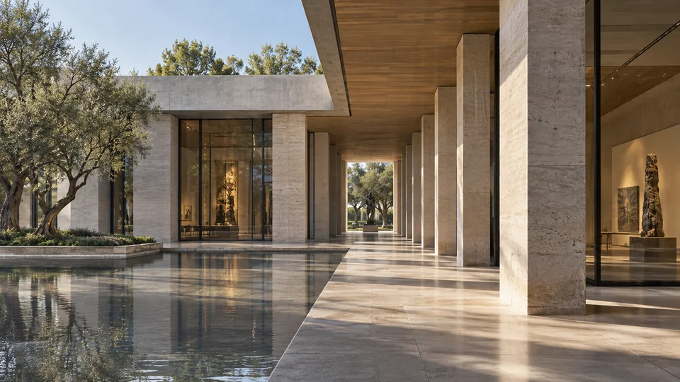 An editorial architectural view of a contemporary pavilion with precise verticals, deep shadows, and daylight across textured surfaces
