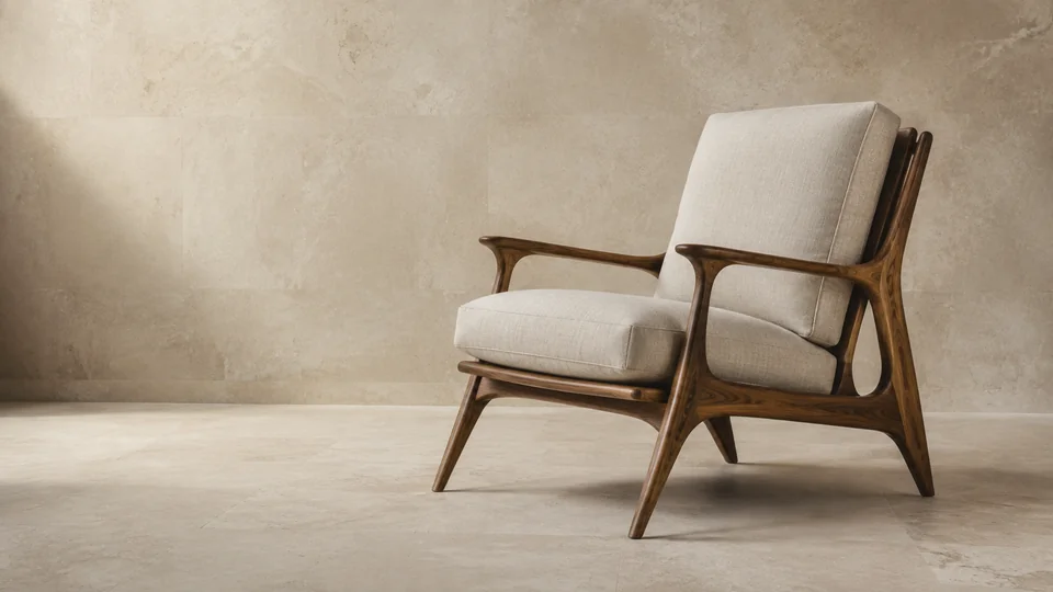 A sculptural walnut and linen lounge chair shown in full against a pale stone studio background