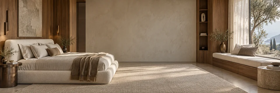 Contemporary bedroom with linen, walnut joinery and a window seat