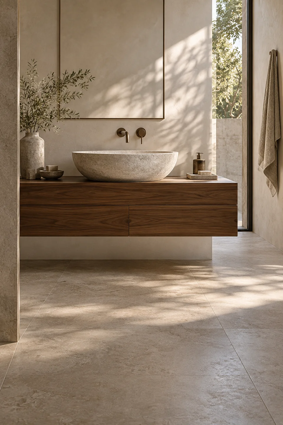 Limestone basin and walnut vanity in soft directional daylight