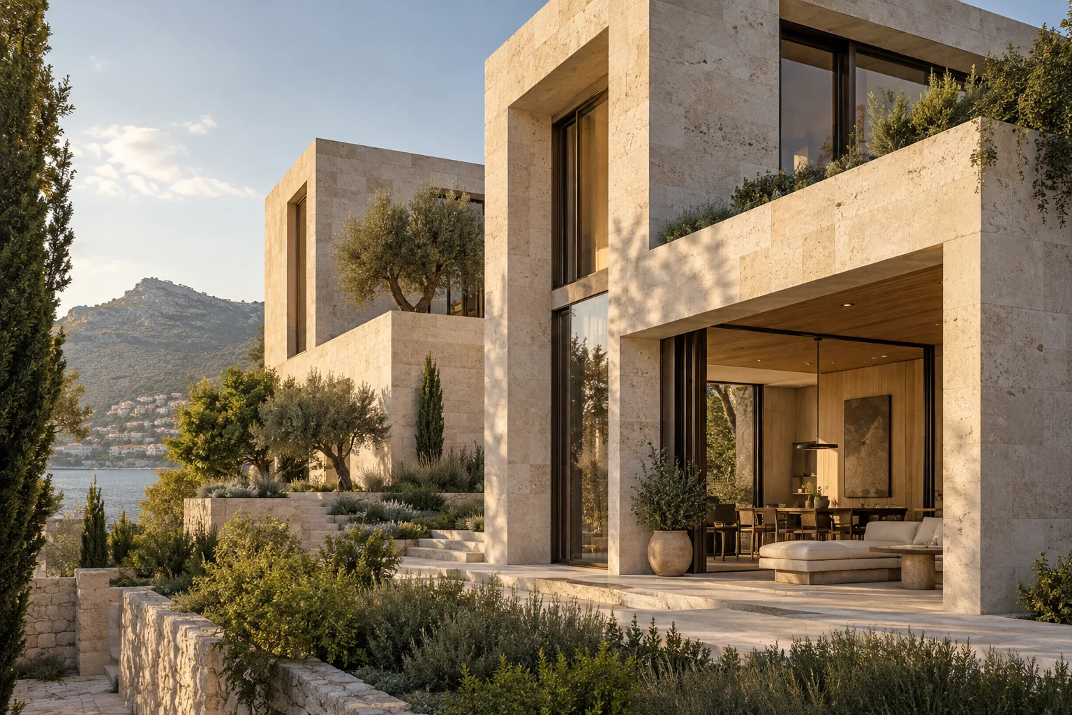Layered limestone residence with recessed glazing, sheltered terraces and Mediterranean planting