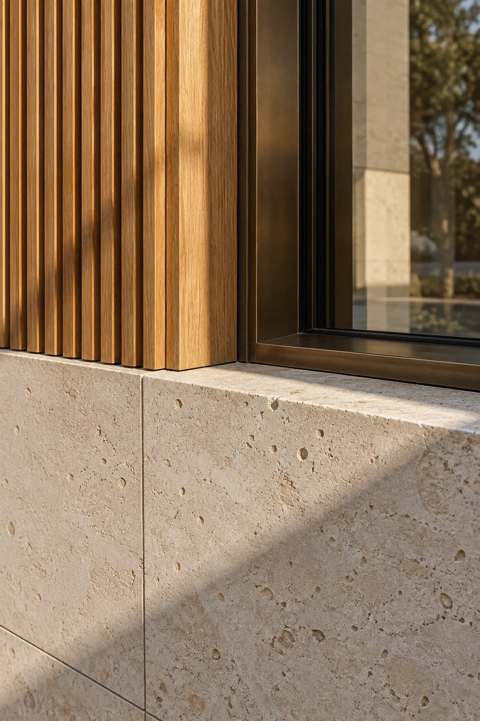 Close architectural study of oak battens, bronze window joinery and limestone grain