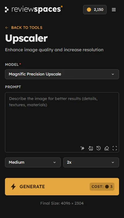 Actual Upscaler panel with model, output settings, and a visible credit cost before generation