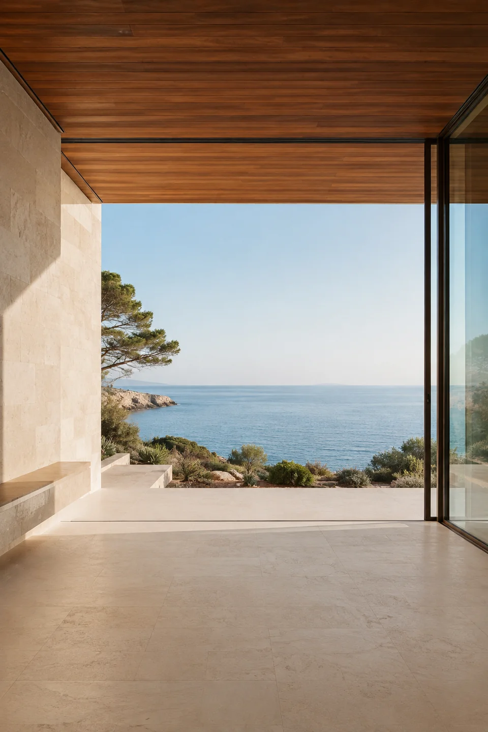 A coastal pavilion opening onto an expansive sea view